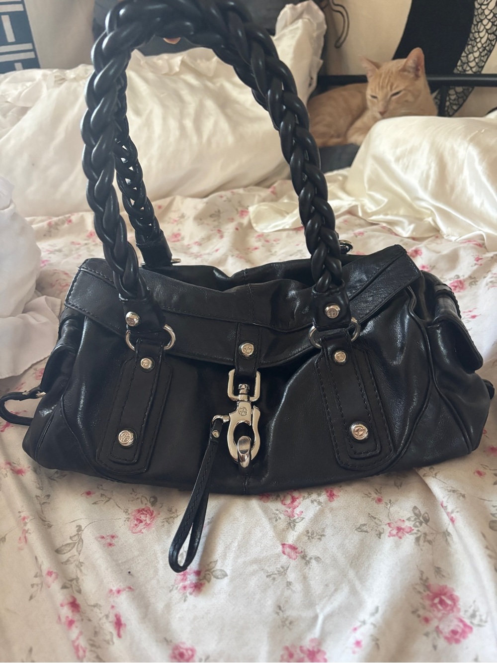 Gorgeous Francesco Biasia Secret Love Black Leather Braided Shoulder Bag